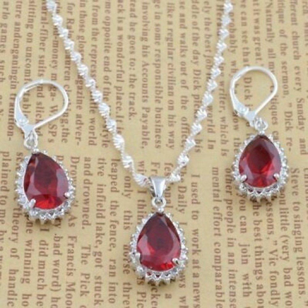 Ruby colored necklace earrings Christmas jewelry